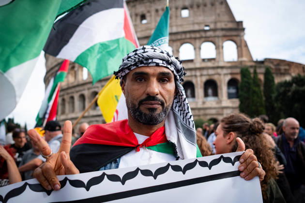 October 10, 2026, Rome, Rm, Italy: Thousands of people take to the streets of the capital to march in solidarity with Gaza and the Palestinians, and to call for the unblocking of humanitarian aid entering the Strip. Rome Italy  - ZUMAg256 20261010_znp_g256_014 Copyright: xMarcoxDixGianvitox