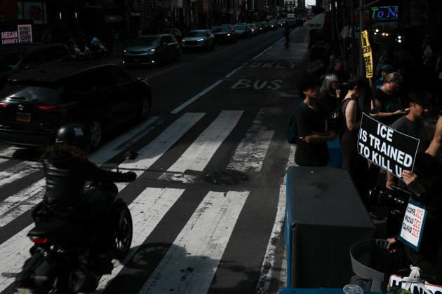 October 10, 2026, New York, New York, USA: Protesters at an anti-ICE protest in Herald Square on October 10, 2026 in New York City. Protesters take to the streets following an incident where ICE agents shot a 28-year-old-man, Oscar Belgal while he in a vehicle with his 5-year old child in the Marble Hill neighborhood in the Bronx. New York USA - ZUMAb148 20261010_zap_b148_037 Copyright: xBryanxSmithx