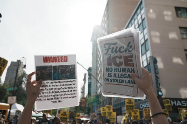 October 10, 2026, New York, New York, USA: A protester holds a Wanted Sign with ICE Agent Brendan Cuni , accused of shooting Oscar Belgal, on a sign at an anti-ICE protest near Union Square on October 10, 2026 in New York City. Protesters take to the streets following an incident where ICE agents shot a 28-year-old-man, Oscar Belgal while he in a vehicle with his 5-year old child in the Marble Hill neighborhood in the Bronx. New York USA - ZUMAb148 20261010_zap_b148_043 Copyright: xBryanxSmithx