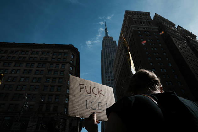 October 10, 2026, New York, New York, USA: Protesters at an anti-ICE protest in Herald Square on October 10, 2026 in New York City. Protesters take to the streets following an incident where ICE agents shot a 28-year-old-man, Oscar Belgal while he in a vehicle with his 5-year old child in the Marble Hill neighborhood in the Bronx. New York USA - ZUMAb148 20261010_zap_b148_044 Copyright: xBryanxSmithx
