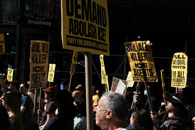 October 10, 2026, New York, New York, USA: Protesters at an anti-ICE protest in Herald Square on October 10, 2026 in New York City. Protesters take to the streets following an incident where ICE agents shot a 28-year-old-man, Oscar Belgal while he in a vehicle with his 5-year old child in the Marble Hill neighborhood in the Bronx. New York USA - ZUMAb148 20261010_zap_b148_040 Copyright: xBryanxSmithx