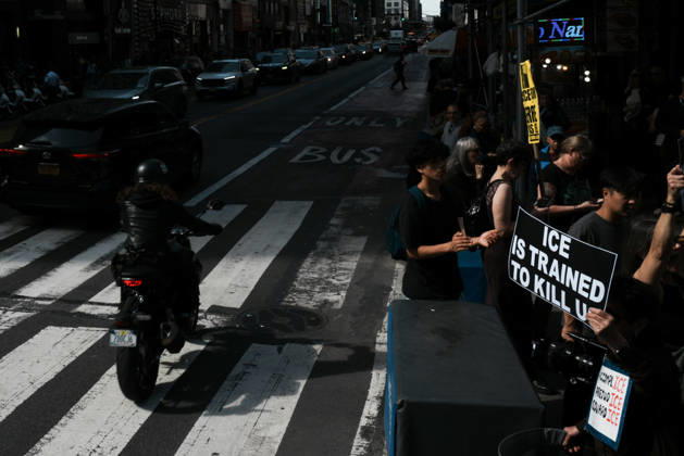 October 10, 2026, New York, New York, USA: Protesters at an anti-ICE protest in Herald Square on October 10, 2026 in New York City. Protesters take to the streets following an incident where ICE agents shot a 28-year-old-man, Oscar Belgal while he in a vehicle with his 5-year old child in the Marble Hill neighborhood in the Bronx. New York USA - ZUMAb148 20261010_zap_b148_051 Copyright: xBryanxSmithx