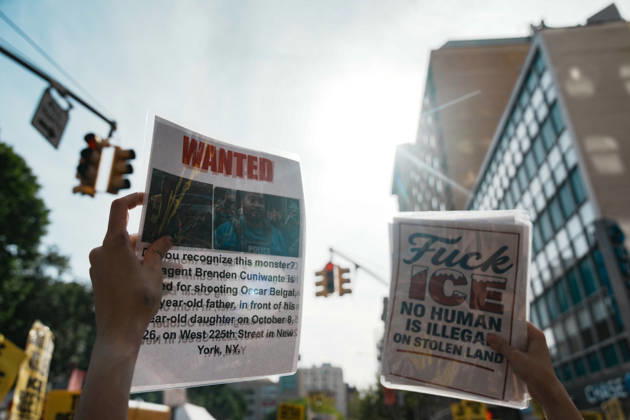 October 10, 2026, New York, New York, USA: A protester holds a Wanted Sign with ICE Agent Brendan Cuni , accused of shooting Oscar Belgal, on a sign at an anti-ICE protest near Union Square on October 10, 2026 in New York City. Protesters take to the streets following an incident where ICE agents shot a 28-year-old-man, Oscar Belgal while he in a vehicle with his 5-year old child in the Marble Hill neighborhood in the Bronx. New York USA - ZUMAb148 20261010_zap_b148_055 Copyright: xBryanxSmithx