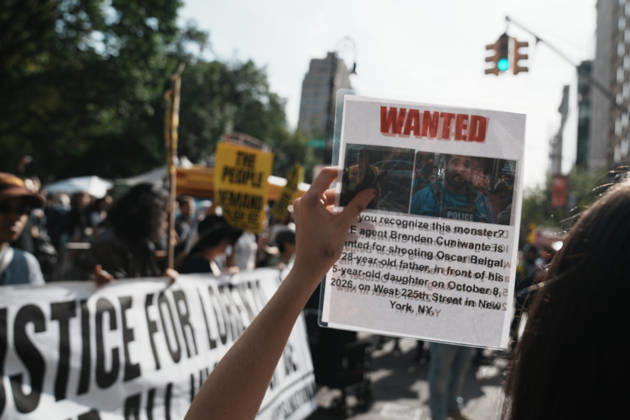 October 10, 2026, New York, New York, USA: A protester holds a Wanted Sign with ICE Agent Brendan Cuni , accused of shooting Oscar Belgal, on a sign at an anti-ICE protest near Union Square on October 10, 2026 in New York City. Protesters take to the streets following an incident where ICE agents shot a 28-year-old-man, Oscar Belgal while he in a vehicle with his 5-year old child in the Marble Hill neighborhood in the Bronx. New York USA - ZUMAb148 20261010_zap_b148_056 Copyright: xBryanxSmithx