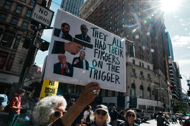 October 10, 2026, New York, New York, USA: Protesters at an anti-ICE protest in Herald Square on October 10, 2026 in New York City. Protesters take to the streets following an incident where ICE agents shot a 28-year-old-man, Oscar Belgal while he in a vehicle with his 5-year old child in the Marble Hill neighborhood in the Bronx. New York USA - ZUMAb148 20261010_zap_b148_058 Copyright: xBryanxSmithx