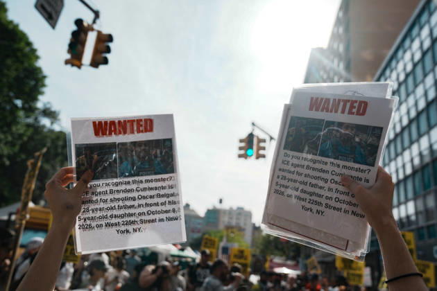 October 10, 2026, New York, New York, USA: A protester holds a Wanted Sign with ICE Agent Brendan Cuni , accused of shooting Oscar Belgal, on a sign at an anti-ICE protest near Union Square on October 10, 2026 in New York City. Protesters take to the streets following an incident where ICE agents shot a 28-year-old-man, Oscar Belgal while he in a vehicle with his 5-year old child in the Marble Hill neighborhood in the Bronx. New York USA - ZUMAb148 20261010_zap_b148_061 Copyright: xBryanxSmithx