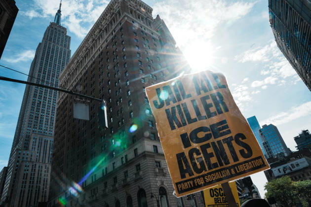 October 10, 2026, New York, New York, USA: Protesters at an anti-ICE protest in Herald Square on October 10, 2026 in New York City. Protesters take to the streets following an incident where ICE agents shot a 28-year-old-man, Oscar Belgal while he in a vehicle with his 5-year old child in the Marble Hill neighborhood in the Bronx. New York USA - ZUMAb148 20261010_zap_b148_065 Copyright: xBryanxSmithx