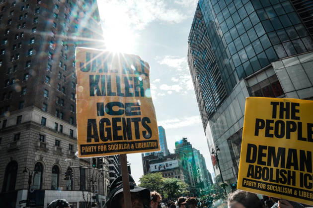 October 10, 2026, New York, New York, USA: Protesters at an anti-ICE protest in Herald Square on October 10, 2026 in New York City. Protesters take to the streets following an incident where ICE agents shot a 28-year-old-man, Oscar Belgal while he in a vehicle with his 5-year old child in the Marble Hill neighborhood in the Bronx. New York USA - ZUMAb148 20261010_zap_b148_066 Copyright: xBryanxSmithx