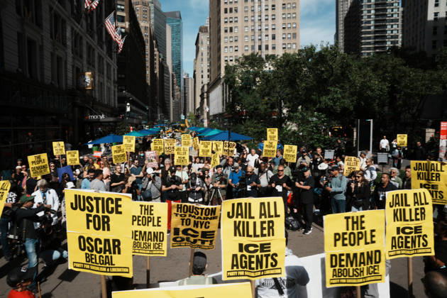 October 10, 2026, New York, New York, USA: Protesters at an anti-ICE protest in Herald Square on October 10, 2026 in New York City. Protesters take to the streets following an incident where ICE agents shot a 28-year-old-man, Oscar Belgal while he in a vehicle with his 5-year old child in the Marble Hill neighborhood in the Bronx. New York USA - ZUMAb148 20261010_zap_b148_071 Copyright: xBryanxSmithx