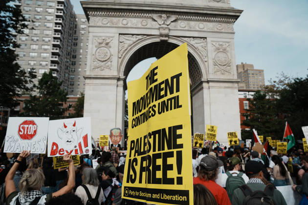 October 10, 2026, New York, New York, USA: A protester holds up a sign as hundreds of people attend a Pro-Palestine rally in Washington Square Park on October 10, 2026 in New York. New York USA - ZUMAb148 20261010_zap_b148_083 Copyright: xBryanxSmithx