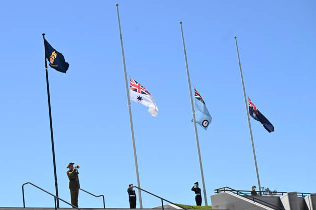 COMMEMORATIVE SERVICE OPERATION SLIPPER, A bugler plays the last post during a commemorative service recognising the 25th anniversary of Australian service in Afghanistan, at the Australian War Memorial in Canberra, Sunday, October 11, 2026. ( NO ARCHIVING CANBERRA AUSTRALIAN CAPITAL TERRITORY Australia  Copyright: xLUKASxCOCHx 20261011185869752349