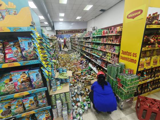 (261011) -- PENONOME, Oct. 11, 2026 -- This photo taken on Oct. 10, 2026 shows products scattered on the floor of a supermarket in Penonome, Panama. Panama declared a state of emergency on Saturday to coordinate relief efforts and assist communities affected by a powerful earthquake that struck the country Friday. ) PANAMA-PENONOME-EARTHQUAKE-AFTERMATH LixJiaxu 