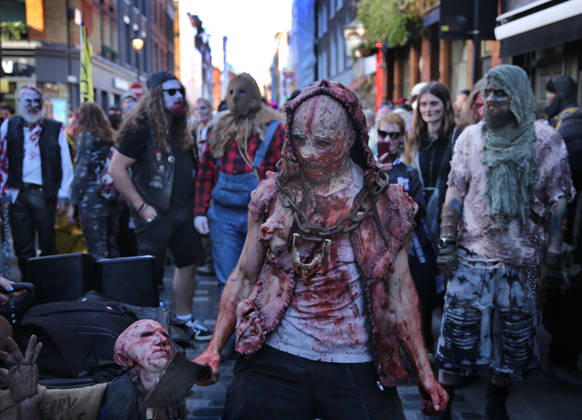 World Zombie Day In London, UK - 10 Oct 2026 A participant dressed as a zombie with a large meat cleaver walks the streets of Soho during the celebration. Supporters of World Zombie Day dressed in their best zombie attire and took to the streets and open spaces of London’s Soho district. The event started in the United States in 2006 and raises money through donations for charities like The Dead Good Club that helps people keep abreast of fast changing technologies like AI and digital media. London United Kingdom Copyright: xMartinxPopex xSOPAxImagesx MPOPE_A738447
