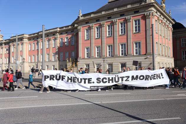 Demonstranten laufen mit Banner Prüf heute. Schütz morgen! am Landtag während einer Demonstration für die Überprüfung rechtsextremer Parteien durch das Bundesverfassungsgericht, Potsdam, 10. Oktober 2026. Prüf-Demo in Potsdam