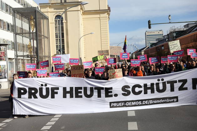 Demonstranten stehen mit Banner Prüf heute. Schütz morgen! auf der Breiten Straße während einer Demonstration für die Überprüfung rechtsextremer Parteien durch das Bundesverfassungsgericht, Potsdam, 10. Oktober 2026. Prüf-Demo in Potsdam