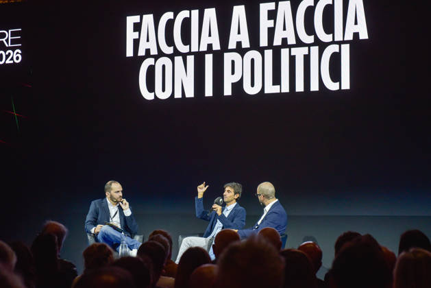 October 11, 2026, Rome, Rome, Italy: Fanpage.it Co-Director Adriano Biondi (L), Fratelli d Italia politician and MP Giovanni Donzelli (C), and Fanpage.it Director Francesco Cancellato (R) during an interview at the panel Faccia a Faccia con i politici during the Rumore Festival 2026 at Acquario Romano in Rome on October 11, 2026. Rome Italy - ZUMAn299 20261011_zip_n299_013 Copyright: xVincenzoxNuzzolesex