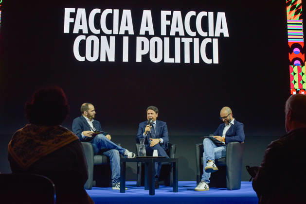 October 11, 2026, Rome, Rome, Italy: Fanpage.it Co-Director Adriano Biondi (L), Movimento 5 Stelle President Giuseppe Conte (C), and Fanpage.it Director Francesco Cancellato (R) during an interview at the panel Faccia a Faccia con i politici during the Rumore Festival 2026 at Acquario Romano in Rome on October 11, 2026. Rome Italy - ZUMAn299 20261011_zip_n299_018 Copyright: xVincenzoxNuzzolesex