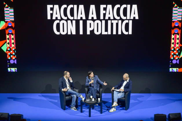 October 11, 2026, Rome, Rome, Italy: Fanpage.it Co-Director Adriano Biondi (L), Partito Democratico Secretary Elly Schlein (C), and Fanpage.it Director Francesco Cancellato (R) during an interview at the panel Faccia a Faccia con i politici during the Rumore Festival 2026 at Acquario Romano in Rome on October 11, 2026. Rome Italy - ZUMAn299 20261011_zip_n299_022 Copyright: xVincenzoxNuzzolesex