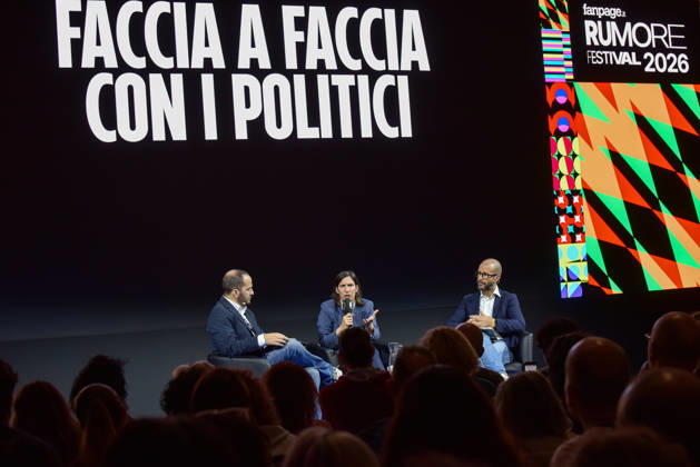 October 11, 2026, Rome, Rome, Italy: Fanpage.it Co-Director Adriano Biondi (L), Partito Democratico Secretary Elly Schlein (C), and Fanpage.it Director Francesco Cancellato (R) during an interview at the panel Faccia a Faccia con i politici during the Rumore Festival 2026 at Acquario Romano in Rome on October 11, 2026. Rome Italy  - ZUMAn299 20261011_zip_n299_042 Copyright: xVincenzoxNuzzolesex