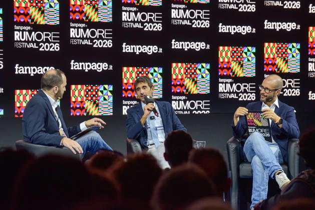 October 11, 2026, Rome, Rome, Italy: Fanpage.it Co-Director Adriano Biondi (L), Fratelli d Italia politician and MP Giovanni Donzelli (C), and Fanpage.it Director Francesco Cancellato (R) during an interview at the panel Faccia a Faccia con i politici during the Rumore Festival 2026 at Acquario Romano in Rome on October 11, 2026. Rome Italy  - ZUMAn299 20261011_zip_n299_043 Copyright: xVincenzoxNuzzolesex