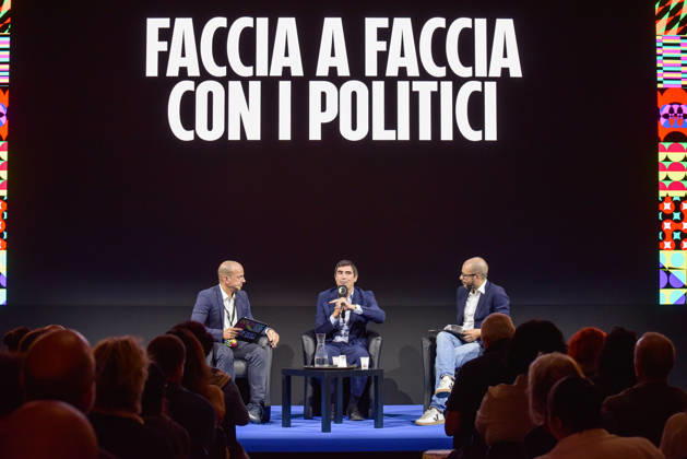 October 11, 2026, Rome, Rome, Italy: Fanpage.it reporter Marco Billeci (L), Sinistra Italiana Secretary Nicola Fratoianni (C), and Fanpage.it Director Francesco Cancellato (R) during an interview at the panel Faccia a Faccia con i politici during the Rumore Festival 2026 at Acquario Romano in Rome on October 11, 2026. Rome Italy - ZUMAn299 20261011_zip_n299_038 Copyright: xVincenzoxNuzzolesex