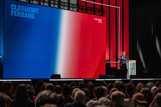 October 11, 2026, Clermont-Ferrand, Auvergne-Rho Ne-Alpes, France: CLERMONT-FERRAND, FRANCE - OCTOBER 11, 2026: Jean-Luc Melenchon, leader of the far-left party La France Insoumise (LFI) and 2027 presidential candidate, delivers a speech during a major political rally at the Zenith d Auvergne in Clermont-Ferrand, France, on October 11, 2026. Around 10,000 supporters gathered at the venue to attend the campaign event. Clermont-Ferrand France - ZUMAa252 20261011_zip_a252_007 Copyright: xDavidxAllignonx