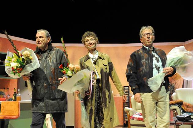 Actor Frans Van der Aa ; Actress Marleen Merckx and Actor Peter Van De Velde pictured during the premiere of Het Zinkgat , a theatre tragicomedy, at Theater Elckerlyc in Antwerp, on Sunday 11 October 2026.  BOAZxKEERSMAEKERS 189468375