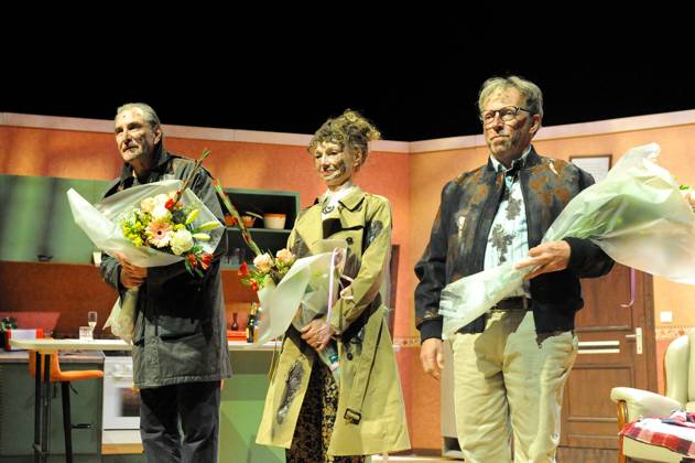 Actor Frans Van der Aa ; Actress Marleen Merckx and Actor Peter Van De Velde pictured during the premiere of Het Zinkgat , a theatre tragicomedy, at Theater Elckerlyc in Antwerp, on Sunday 11 October 2026.  BOAZxKEERSMAEKERS 189468417