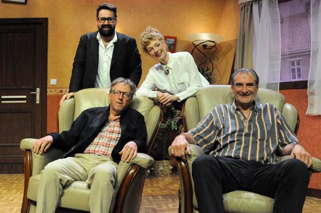 Director Manu Jacobs; Actor Frans Van der Aa ; Actress Marleen Merckx and Actor Peter Van De Velde pictured during the premiere of Het Zinkgat , a theatre tragicomedy, at Theater Elckerlyc in Antwerp, on Sunday 11 October 2026.  BOAZxKEERSMAEKERS 189468493