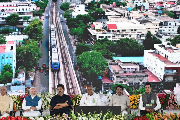 Indian Politics CHENNAI METRO PHASE-II INAUGURATION & JOINT RIDE CHENNAI, TAMIL NADU: Prime Minister Narendra Modi alongside Tamil Nadu Chief Minister C. Joseph Vijay waves to the gathering during the flagging-off ceremony of the Phase II network of the Chennai Metro Rail Project at the Porur Bypass Metro Rail Station on Sunday, October 11, 2026. PM Modi and CM Vijay subsequently undertook a joint metro ride from Porur Bypass Station to Poonamallee Bypass Station and back, marking the official opening of the â‚¹4,900-crore, 14.6-km Poonamallee Vadapalani elevated stretch. The high-profile event marked the first joint public appearance of the two leaders following Vijay s recent victory in the Tamil Nadu Assembly elections. Chennai INDIA Copyright: xSeshadrixSukumarx