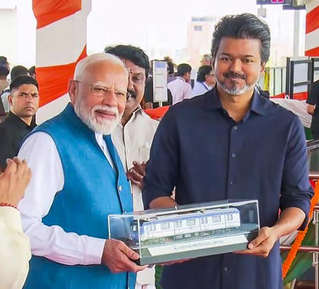 RECORD DATE NOT STATED PM Modi Presented with Chennai Metro Train Model by Tamil Nadu CM C. Joseph Vijay Chennai, Oct 11 (ANI): Prime Minister Narendra Modi being presented with a model of a Chennai Metro train by Tamil Nadu Chief Minister C. Joseph Vijay during its inauguration event, in Chennai on Sunday. (DD News ANI Video Grab) Chennai Tamil Nadu India Copyright: xANIx ANI_20261011082