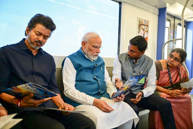PM Modi inaugurates Poonamallee-Vadapalani stretch of Chennai Metro Phase-2 Chennai, Oct 11 (ANI): Prime Minister Narendra Modi and Tamil Nadu Chief Minister C. Joseph Vijay travel in a metro during the inauguration of the Poonamallee-Vadapalani stretch of Chennai Metro Phase-2, in Chennai on Sunday. ( DPR PMO ANI Photo) Chennai Tamil Nadu India Copyright: xANIx ANI_20261011206