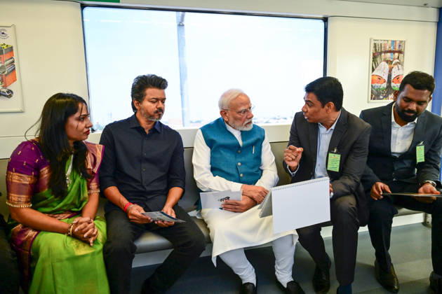 PM Modi inaugurates Poonamallee-Vadapalani stretch of Chennai Metro Phase-2 Chennai, Oct 11 (ANI): Prime Minister Narendra Modi and Tamil Nadu Chief Minister C. Joseph Vijay travel in a metro during the inauguration of the Poonamallee-Vadapalani stretch of Chennai Metro Phase-2, in Chennai on Sunday. ( DPR PMO ANI Photo) Chennai Tamil Nadu India Copyright: xANIx ANI_20261011210