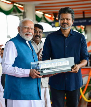 PM Modi presented the Chennai Metro Train Model by Tamil Nadu CM C. Joseph Vijay Chennai, Oct 11 (ANI): Prime Minister Narendra Modi being presented with a model of a Chennai Metro train by Tamil Nadu Chief Minister C. Joseph Vijay during its inauguration event, in Chennai on Sunday. (DPR PMO ANI Photo) Chennai Tamil Nadu India Copyright: xANIx ANI_20261011234