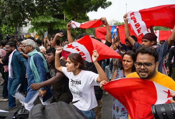 Protesters during a protest against CEC Gyanesh Kumar at Connaught Place in New Delhi New Delhi, Oct 11 (ANI): Protesters hold an All India Students Federation (AISF) flag during a protest against Chief Election Commissioner Gyanesh Kumar at Connaught Place, in New Delhi on Sunday. NEW DELHI Delhi India Copyright: xANIx ANI_20261011331