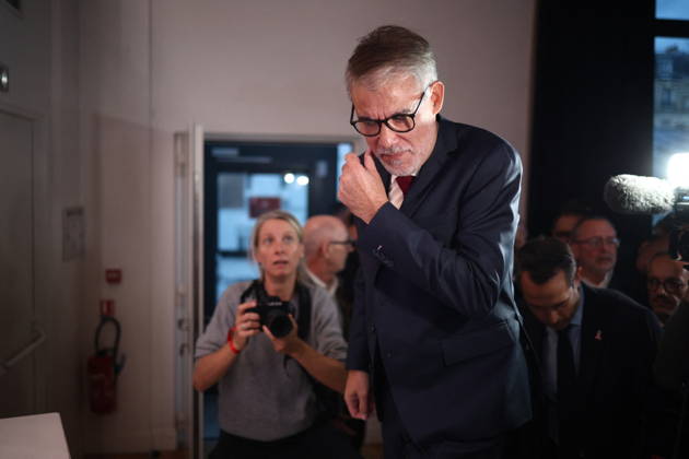 Announcement of the result for the first round of Socialist and Democratic Left primary - Paris Candidate in the Socialist (PS) and centre-left Place Publique (PP) parties primary Olivier Faure pictured after the announcement of the result for the first round of voting in the primary organized by the Socialist Party, Place Publique (PP), and the Republican and Socialist Left, ahead of France s 2027 presidential election, at Solaris in Paris, France on October 11, 2026. Candidate in the Socialist (PS) and centre-left Place Publique (PP) parties primary ahead of France s 2027 presidential election and MEP Raphaël Glucksmann was elected on October 11 2026. Photo by Raphael Lafargue ABACAPRESS.COM Paris France Copyright: xLafarguexRaphael ABACAx
