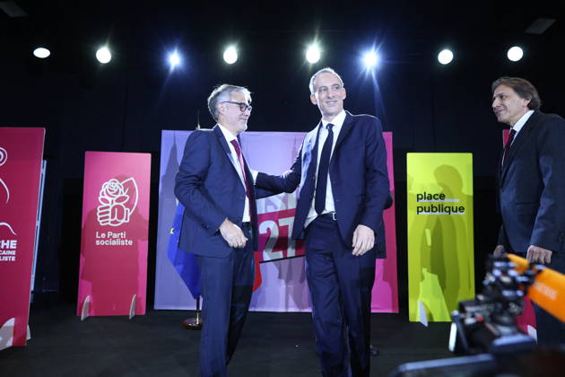 Announcement of the result for the first round of Socialist and Democratic Left primary - Paris Candidate in the Socialist (PS) and centre-left Place Publique (PP) parties primary Olivier Faure cheers Candidate in the Socialist (PS) and centre-left Place Publique (PP) parties primary Raphael Glucksmann near Candidate in the Socialist (PS) and centre-left Place Publique (PP) parties primary Jerome Guedj after the announcement of the result for the first round of voting in the primary organized by the Socialist Party, Place Publique (PP), and the Republican and Socialist Left, ahead of France s 2027 presidential election, at Solaris in Paris, France on October 11, 2026. Candidate in the Socialist (PS) and centre-left Place Publique (PP) parti  Copyright: xLafarguexRaphael ABACAx