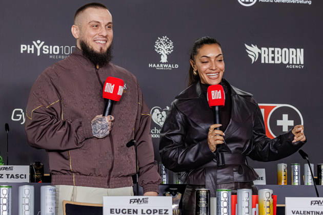 11.10.2026. Essen. (l-r) Eugen Lopez und Valentina Maceri bei der Pressekonferenz zum Fame Fighting 4 Promiboxen. Essen Atlantic Hotel Nordrhein-Westfalen Deutschland