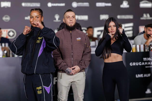 11.10.2026. Essen. (l-r) Brenda Brinkmann, Eugen Lopez und Gabriela Alves bei der Pressekonferenz zum Fame Fighting 4 Promiboxen. Essen Atlantic Hotel Nordrhein-Westfalen Deutschland