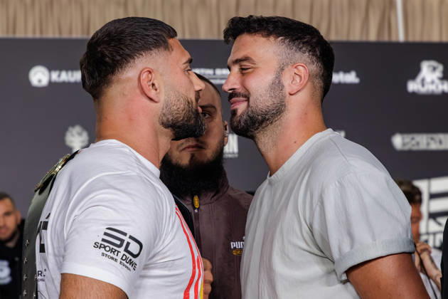 11.10.2026. Essen. (l-r) Aleks Petrovic und Yasin Cilingir bei der Pressekonferenz zum Fame Fighting 4 Promiboxen. Essen Atlantic Hotel Nordrhein-Westfalen Deutschland