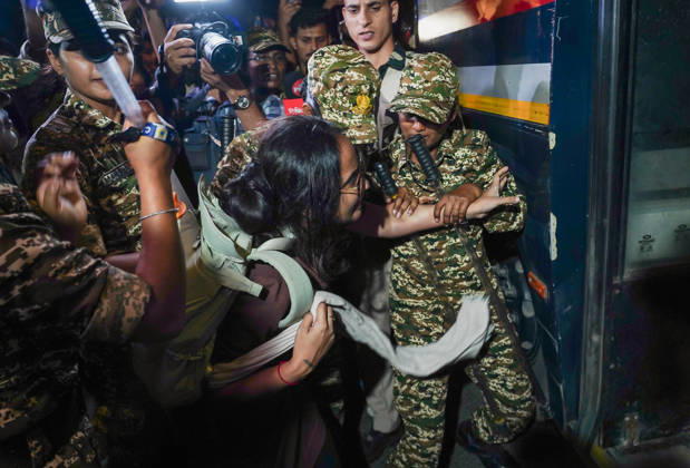 Police detain SFI members ahead of their planned Tiranga March at Connaught Place New Delhi, Oct 11 (ANI): Police detain a Students™ Federation of India (SFI) member ahead of their planned Tiranga March at Connaught Place, in New Delhi on Sunday. New Delhi Delhi India Copyright: xANIx ANI_20261011438