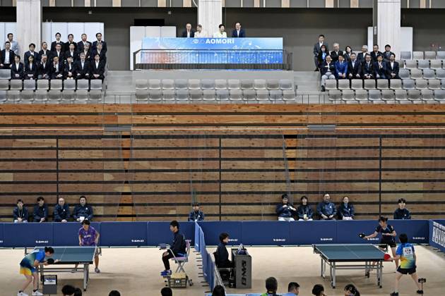 Japan emperor at sports festival in Aomori Japan s Emperor Naruhito (back, 2nd from L) and Empress Masako watch a table tennis match during the 80th National Sports Festival in Aomori, northeastern Japan, on Oct. 11, 2026.  A14AA0005630646P