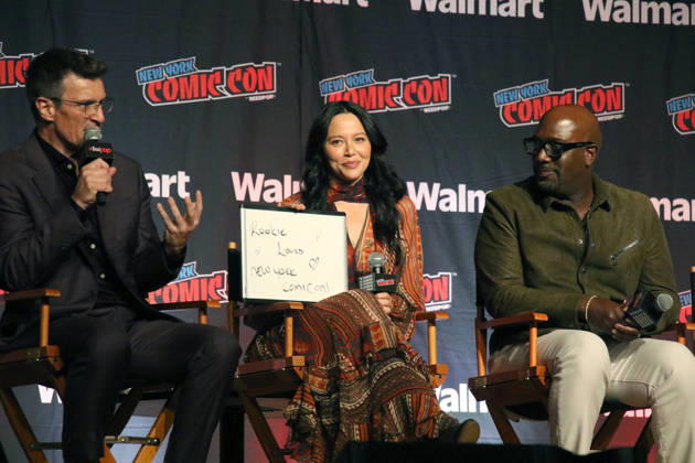 NEW YORK, NY- OCTOBER 11: Nathan Fillion, Melissa O Neil and Richard T. Jones pictured at The Rookie panel during New York Comic Con 2026 at Javits Center on October 11, 2026 in New York City. Copyright: xRWx