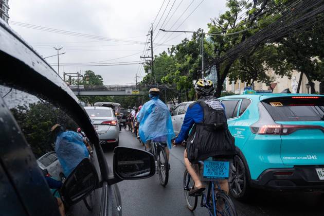 Cyclists Protest US-Led Pax Silica Initiative MANILA, PHILIPPINES - OCTOBER 12, 2026: A bike ride was led by local cyclists, along with environmental advocates, in condemnation of the US-led Pax Silica Initiative that participants say will destroy the livelihoods of local farming communities, displace local indigenous communities, and consume tremendous amounts of water that would have otherwise be utilized by local Filipinos. The route started in the Quezon City Hall and ended in the Bonifacio Shrine where the closing program was held with each sector that participated in the bike ride expressing their message of solidarity to the cause. Multiple stops where held in front of the office of the Department of Environment and Natural Resources Copyright: x xCharlesxEdmonxS.xPerezx xJNAxPressx