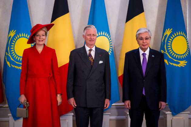 Queen Mathilde of Belgium; King Philippe - Filip of Belgium and Kazakhstan s President Kassym-Jomart Tokayev pictured during a State visit of the Belgian King and Queen to Kazakhstan, on Monday 12 October 2026. The first State Visit of Belgium s royal couple in central Asia from 11 to 14 October 2026, aims to highlight bilateral cooperation in the economic, academic, and cultural fields. POOL  JASPERxJACOBS 189534718