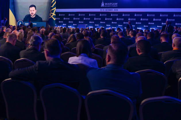 Warsaw Security Forum 2026 kicks off in Poland WARSAW, POLAND - OCTOBER 12: Ukrainian President Volodymyr Zelenskyy addresses attendees remotely during the opening conversation session on the first day of the Warsaw Security Forum 2026 (WSF2026) in Warsaw, Poland, on October 12, 2026. The annual security summit focuses on strategies for European defense cooperation and continued resistance to the Russian invasion of Ukraine. Artur Widak Anadolu Warsaw Poland. Editorial use only. Please get in touch for any other usage.  Copyright: x2026xAnadoluxArturxWidakx