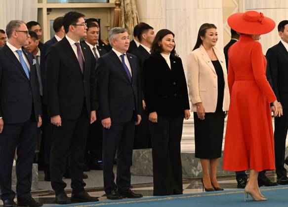 Queen Mathilde of Belgium pictured during the welcome ceremony at the presidential palace during the official state visit of the Belgian King and Queen to Kazakhstan, on Monday 12 October 2026. The first State Visit of Belgium s royal couple in central Asia from 11 to 14 October 2026, aims to highlight bilateral cooperation in the economic, academic, and cultural fields.  POOLxDIDIERxLEBRUN 189535849