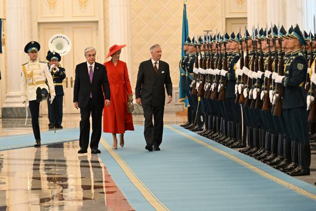 Kazakhstan s President Kassym-Jomart Tokayev; Queen Mathilde of Belgium and King Philippe - Filip of Belgium pictured at the welcome ceremony at the presidential palace during the official state visit of the Belgian King and Queen to Kazakhstan, on Monday 12 October 2026. The first State Visit of Belgium s royal couple in central Asia from 11 to 14 October 2026, aims to highlight bilateral cooperation in the economic, academic, and cultural fields.  POOLxDIDIERxLEBRUN 189535882