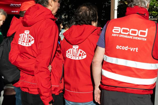 ACOD logo pictured during a strike in the public services in Belgium, against the Federal Government s budgetary measures, organised by the trade unions on Monday 12 October 2026 in Brussels.  NICOLASxMAETERLINCK 189537711