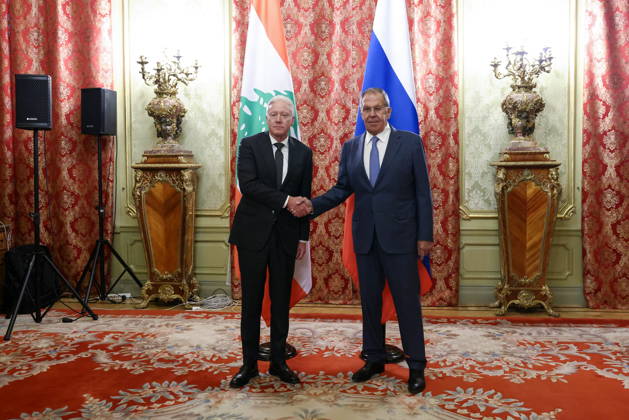 RUSSIA, MOSCOW - OCTOBER 12, 2026: Youssef Rajji (L), Lebanon s Minister of Foreign Affairs and Emigrants, and Sergei Lavrov, Russia s Foreign Minister, shake hands during a meeting at the Reception House of the Foreign Ministry. Artyom Geodakyan TASS  99172278